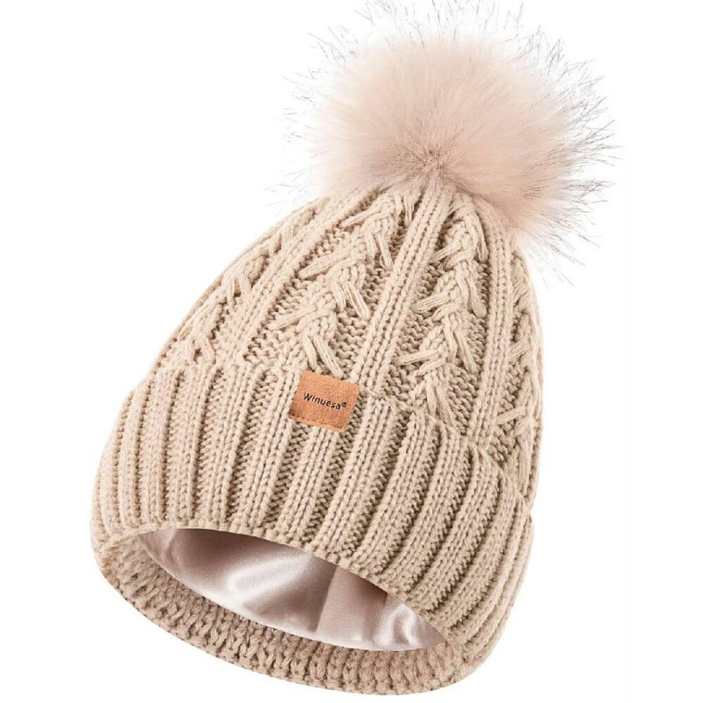 Satin Lined Beanie With Pom Pom, Warm Knit Hat For Women